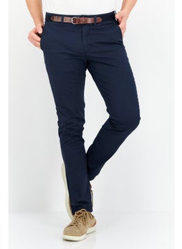 Buy Men Slim Fit Solid Chino Belted Pants, Navy in Saudi Arabia