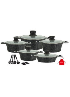 اشتري 17-Pieces Granite Cookware Set Includes Casserole With Lid 24cm, Casserole With Lid 28cm, Casserole With Lid 32cm, Casserole With Lid 28cm, Shallow Casserole 7xCooking Tools Black/Clear في الامارات