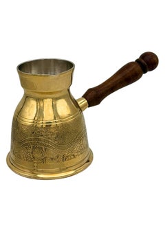 Buy Majestic Brass Turkish Coffee Pot – Capacity: 180 ml (Small Size), Laser Design – Handcrafted with Wooden Handle, Perfect for Turkish Coffee, Arabic Coffee, Tea, Milk, and Hot Beverages in UAE