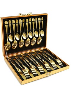 Buy 24-Piece Stainless Steel Cutlery Set with Premium Wooden Box Golden in Saudi Arabia