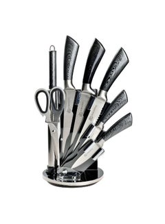 Buy EDENBERG 8 Pcs Knife Set | Knife Set With Roating Stand | Carbon Stainless Steel Kitchen Knife Set with Sharpener- 8 Pieces, Silver-Black Color in UAE