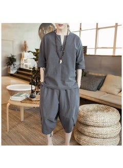 Buy Mens Cotton Linen Tang Suit Ethnic Hanfu Retro Set Dark gray in UAE