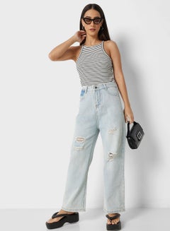 Buy Ripped Contrast Detail Mom Fit Jeans in UAE