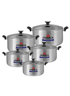 Buy Sonex Premium Aluminium Cookware Set 5 Pcs with Glass Lid and Ergonomic Bakelite Cool Handle –  Sleek Metal Finish, Durable, Dishwasher Safe, Compact & Stackable Design, 18-26 cm (2.5 Ltr to 6 Ltr) in UAE