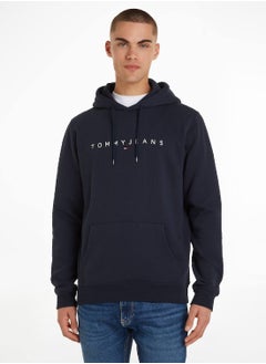 Buy Men's Regular Linear Logo Pullover Hoodie - Cotton, Blue in UAE