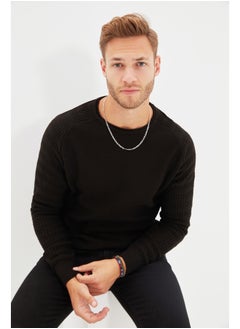 Buy Black Men's Slim Fit Crew Neck Sleeves Textured Patterned Raglan Sleeve Knitwear Sweater. in Egypt