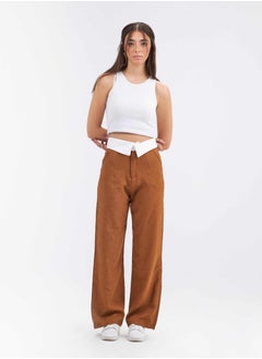 Buy High-Waist Brown Folded Waistband Wide Leg Trousers in Saudi Arabia