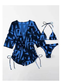 Buy 3 Piece Swimsuit Print Halter Strappy Swimsuit Bikini Blue in UAE