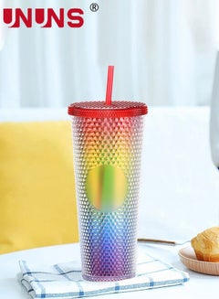 Buy Coffee Cups With Straw And Lid,24oz Studded Tumbler Plastic Cup,Rainbow Double Walled Tumbler For Travel,Office,Home in UAE