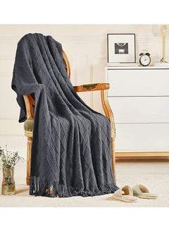 Buy Soft Cozy Knit Blanket with Tassels for Couch and Bed Dark Grey in UAE