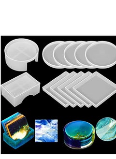 اشتري 12 Pieces Coaster Resin Molds Set Silicone Coaster Storage Box Mold in Rectangle Round Silicone Epoxy Casting Mold for DIY Art Craft Cup Mat في الامارات