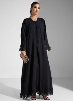 اشتري Embellished Lace Detail Flared Sleeve Abaya في الامارات