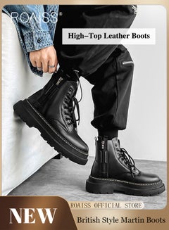 Buy Men Martin Boots British Style Motorcycle Boots with High Cuts Work Boot Design Side Zipper and Front Lace Decoration in UAE