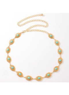 Buy Ladies Hollow Turquoise Metal Waist Chain with Pearl Bohemian BeltGold + Green Gold + Green in Saudi Arabia