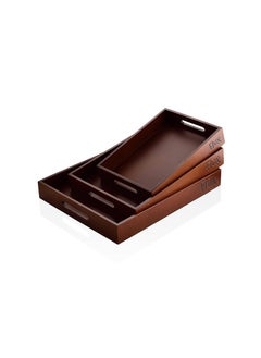 Buy Premium Wood Handmade And  Handcrafted Wooden Serving Tray Small Medium And Large Brown Set Of 3 in UAE