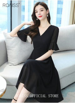 Buy Women V-Neck Midi A-Line Dress Women Chiffon Dress Women's Short Sleeve Long Skirt Women Puffy Sleeves Back Bow Midi Dress in Saudi Arabia