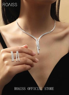 Buy 3 Pcs Zircon Necklace Earrings Set Ear Drop Dangle Diamond Bridal Dress Accessories for Women Silver/Clear in UAE