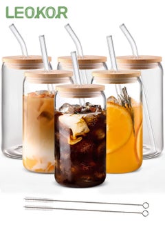 اشتري 6 Pcs 16OZ Can Shaped Glass Cups With Cover And Straw,Travel Coffee Mug Set with Cleaning Brushes في السعودية