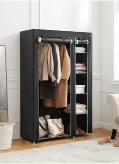 اشتري Portable Double Canvas Wardrobe Cupboard Clothes Hanging Rail Storage Shelves Black 175 x 110 x 45 cm في السعودية