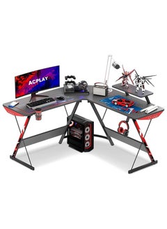 Buy L Shaped Gaming Desk L Shaped Desk Carbon Fiber Computer Corner Desk With Large Monitor Riser Stand For Home Office Sturdy Writing Workstation Gaming Desk With Shelf in UAE