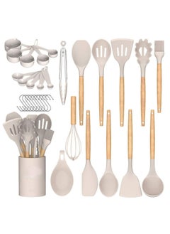 Buy Kitchen Cooking Utensils Set, 35 pcs Non-Stick Silicone Cooking Kitchen Utensils Spatula Set with Holder, Wooden Handle Silicone Kitchen Heat Resistant Gadgets Utensil Set (Khaki) in UAE