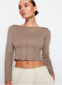 Buy Beige Stitching Detail Carmen Collar Fitted/Situated Ribbon Knitted Blouse TWOAW24BZ00127 in Egypt