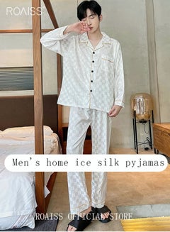 Buy 2-Piece Set Men's Long Sleeves Sleepwear Sets Satin Checked Printing Sleepwear Pajamas Pants Silk Nightgown Male Loose Shirts Spring Summer Loungewear Home Clothes in UAE