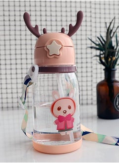 Buy Acrylic water bottle for children with a cartoon print and a large deer horn, portable, anti-fall, with a straw and a belt used in outdoor activities and camping capacity 600 ml healthy in Egypt