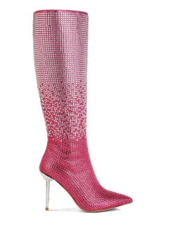 Buy Shiny Rhinestone Studded Calf Boots in Pink in UAE