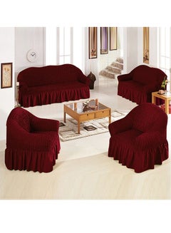Buy 4-Piece Super Stretchable Anti-Wrinkle Slip Flexible Resistant Jacquard Sofa Cover Set Wine Red in UAE