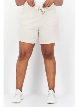 Buy Women Plus Size Drawstring Plain Shorts, Beige in UAE