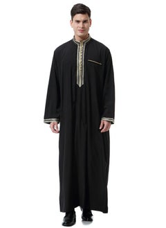 Buy Mens Jacquard Stand Collar Concise Style Long Sleeve Abaya Robe Islamic Arabic Casual Kaftan Whith Pocket Black in Saudi Arabia