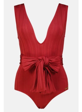 Buy Women One Piece Ribbed Belted Swimwear, Red in UAE