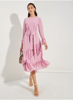 Buy Asymmetric Overlay Ruffled Midi Dress in Saudi Arabia