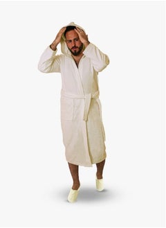 Buy Men's soft cotton bathrobe with a pocket and a waist belt with a distinctive slipper in an elegant design in off-white color multi-size in Saudi Arabia