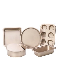 اشتري 5-Pcs Nonstick Bakeware Set, Contain Pizza Plate, Round Live Bottom Cake Mould, 6 - Cup Baking Pan, Square Baking Pan and Toast Plate,Gold في الامارات