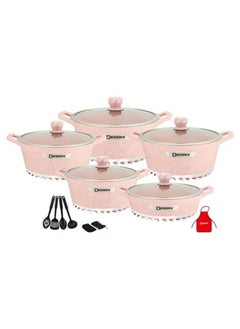 اشتري 17-Pieces Granite Cookware Set Includes Casserole With Lid 24cm, Casserole With Lid 28cm, Casserole With Lid 32cm, Casserole With Lid 28cm, Shallow Casserole 7xCooking Tools Pink/Clear في الامارات