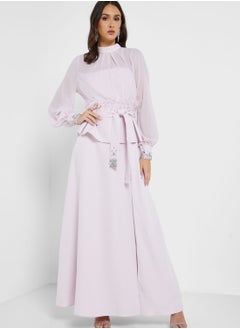 Buy Balloon Sleeve Tie Detail Dress in UAE