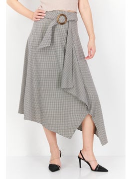 Buy Women Micro Check Belted Midi Skirt, Grey Combo in UAE