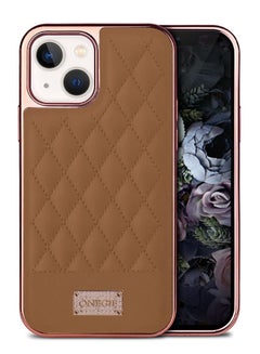 Buy iPhone 14 Case Luxury PU Leather Case 3D Embroidery Heavy Duty Shockproof with Electroplating Frame Brown in UAE