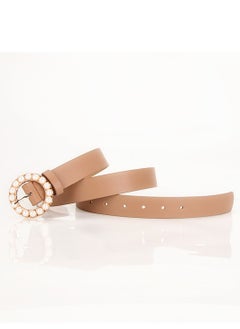 Buy Elegant And Intelligent Ladies Trend Round Pearl Pin Buckle Belt 105cm Brown in UAE