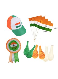 اشتري Indian Cap + Indian Flag with Stick 20x28cm Pack of 6 + Indian Badge Ribbon 1 Pc + Indian Flag Baloon 6 Pcs. في الامارات