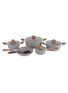اشتري Delcasa Chef Master 10-Piece Cookware Set- DC2284| Aluminium Body with 5-Layer Granite Coating| Induction Base| Wooden-Finish Bakelite Handles and Glass Lid في السعودية
