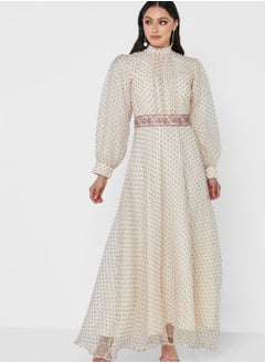 Buy Cuff Sleeve Embroidered Waist Fit & Flare Dress in Saudi Arabia