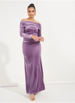 Buy Velvet Off Shoulder Long Sleeves Maxi Dress in Saudi Arabia