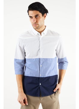 Buy Men Fitted Stripe Long Sleeve Casual Shirts, White/Blue in UAE