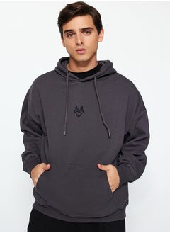 اشتري Anthracite Regular/Normal Cut Hooded Sweatshirt with Fleece Inside and Wolf Embroidery TMNAW24SW00018 في مصر