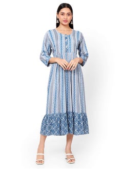 اشتري STRIP PRINTED BLUE COLOUR SHORT FRONT STYLED BUTTONED  ARABIC KAFTAN JALABIYA DRESS في الامارات