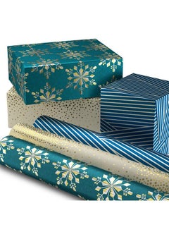 اشتري Holographic Holiday Wrapping Paper With Cut Lines On Reverse (3 Rolls: 80 Sq. Ft. Ttl) Winter Glow: Navy Blue Gold Holographic Snowflakes في الامارات