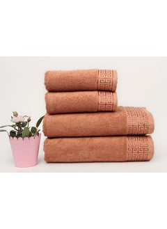 Buy Towel 4 Piece Bathroom  Set - GREEKY - 500 GSM - 100% Cotton Terry - Jacquard Border- 2 Bath  70X140 cm & 2 Hand  50x90 cm- Luxury Touch - Extra Absorbent-Brown in Saudi Arabia